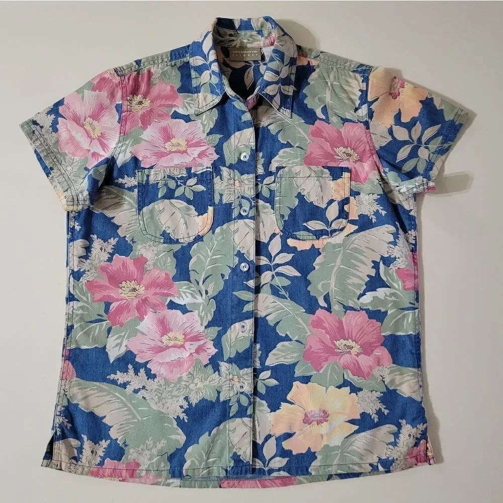 Liz Claiborne Women's Floral Short Sleeve Button-Down Camp Shirt